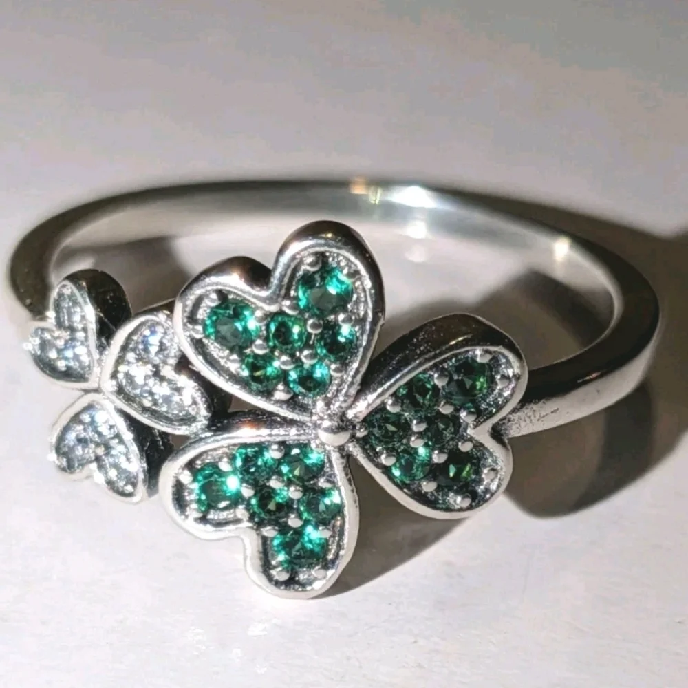 St Patrick Shamrock Irish Green CZ Flower Lucky Clover Ring 925 Sterling Silver